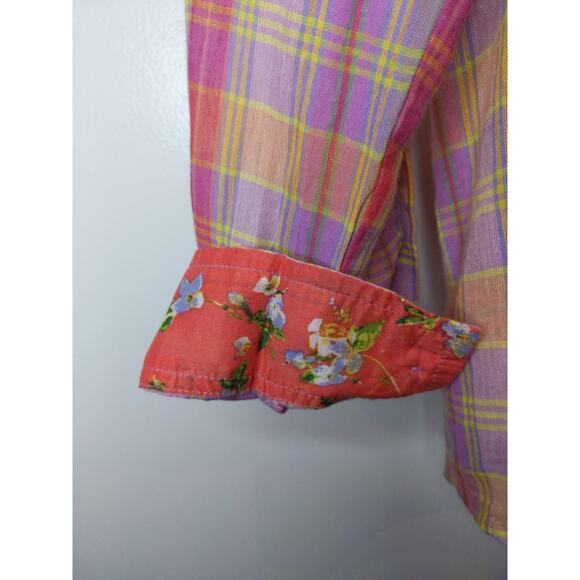 Sundance Purple Pink Plaid Button Shirt Floral Cuffs Cotton Small Preppy Boho - Picture 4 of 7
